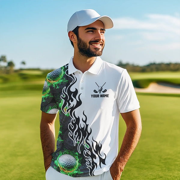 Green Flame Golf Ball pattern fire Black and White Mens golf polos shirts custom golf attire for men NQS9435