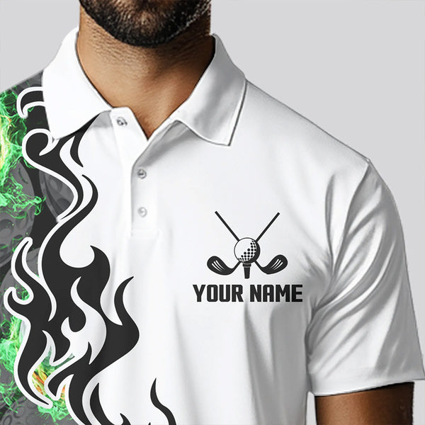 Green Flame Golf Ball pattern fire Black and White Mens golf polos shirts custom golf attire for men NQS9435