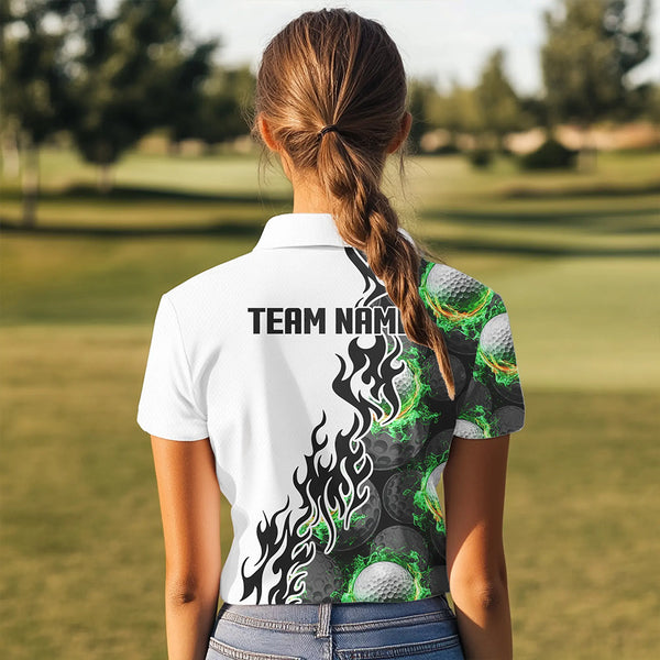 Green Flame Golf Ball pattern fire Black White Womens golf polos shirts custom golf attire for women NQS9435