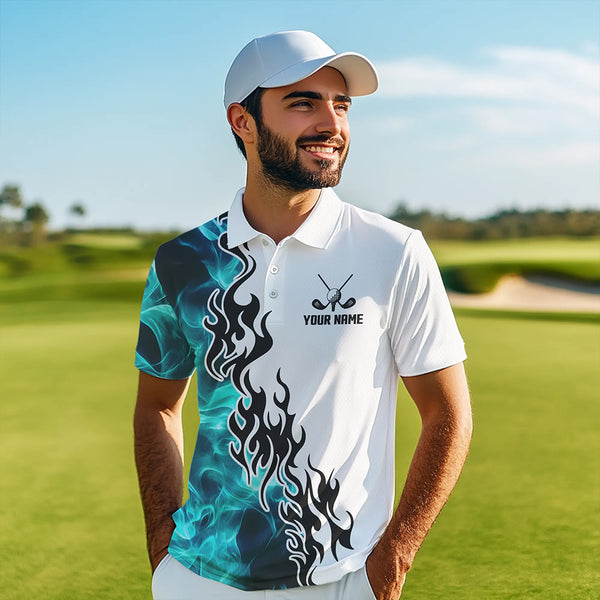 Blue Turquoise Flame pattern Black and White Mens golf polos shirts custom golf attire for men NQS9436