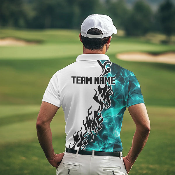 Blue Turquoise Flame pattern Black and White Mens golf polos shirts custom golf attire for men NQS9436