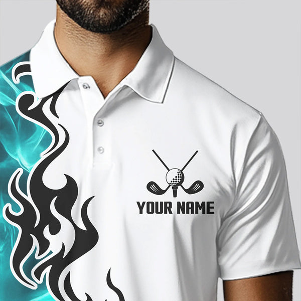 Blue Turquoise Flame pattern Black and White Mens golf polos shirts custom golf attire for men NQS9436