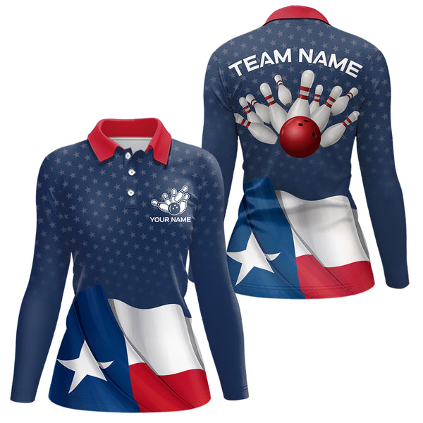 Women's bowling Polo, Quarter Zip shirts Custom name Texas flag vintage Bowling Team Bowlers Jerseys NQS9768