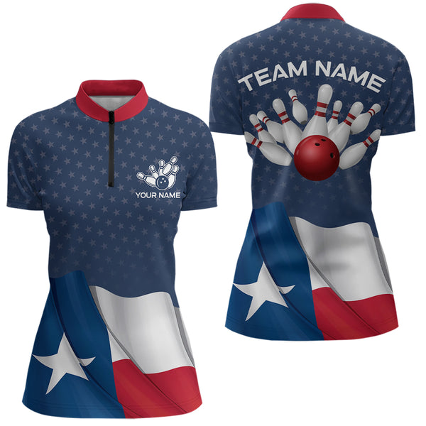 Women's bowling Polo, Quarter Zip shirts Custom name Texas flag vintage Bowling Team Bowlers Jerseys NQS9768