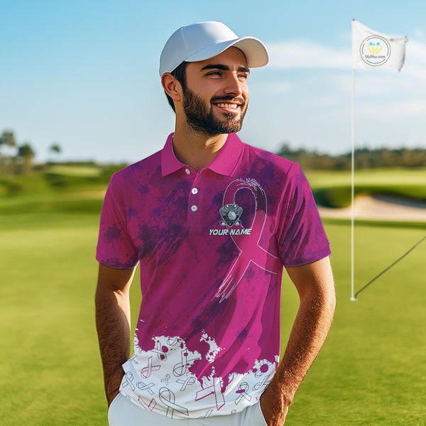 Pink Ribbons pattern Mens golf polo shirts custom men's breast cancer awareness polo shirts NQS10319