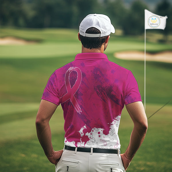 Pink Ribbons pattern Mens golf polo shirts custom men's breast cancer awareness polo shirts NQS10319