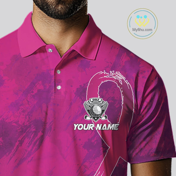 Pink Ribbons pattern Mens golf polo shirts custom men's breast cancer awareness polo shirts NQS10319