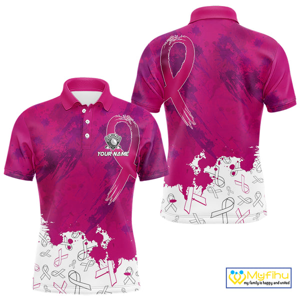 Pink Ribbons pattern Mens golf polo shirts custom men's breast cancer awareness polo shirts NQS10319
