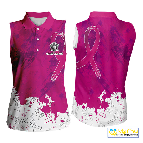 Pink Ribbons pattern Women sleeveless polo shirts custom ladies's breast cancer awareness polo shirts NQS10319