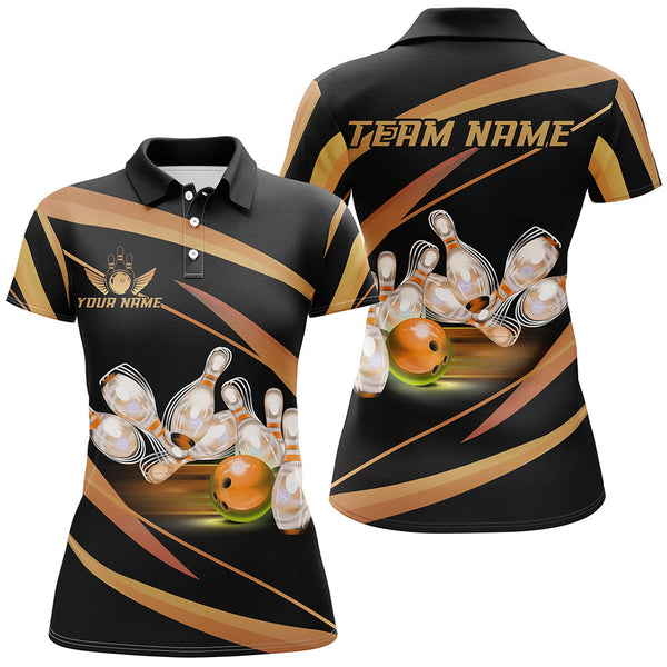 Personalized Black And Gold Bowling Shirts For Women, Custom Team Bowling League Jerseys NQS8347