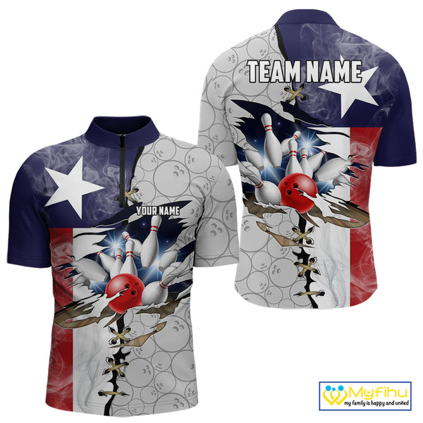 Smoke Texas Flag Gray Camo Bowling Polo, 1/4 Zip shirt for men Custom patriotic Team bowling jersey NQS10532