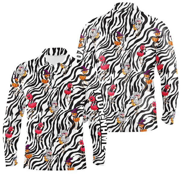 Halloween flamingo Mens golf polos shirts custom black and white zebra pattern golf tees for mens NQS6465