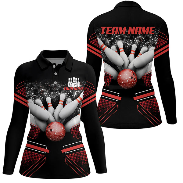 Black and Red Women Polo, Quarter zip bowling shirt Custom Bowling Ball And Pins Team League Jerseys NQS8800