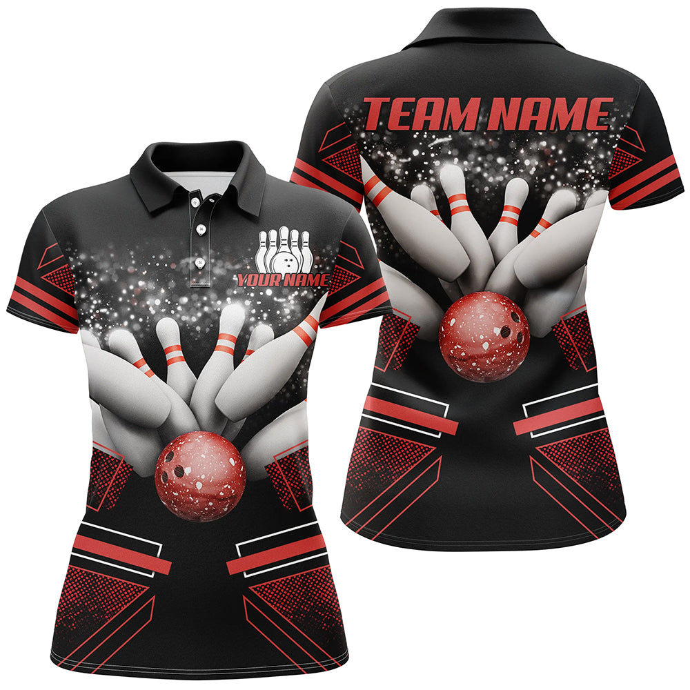 Black and Red Women Polo, Quarter zip bowling shirt Custom Bowling Ball And Pins Team League Jerseys NQS8800