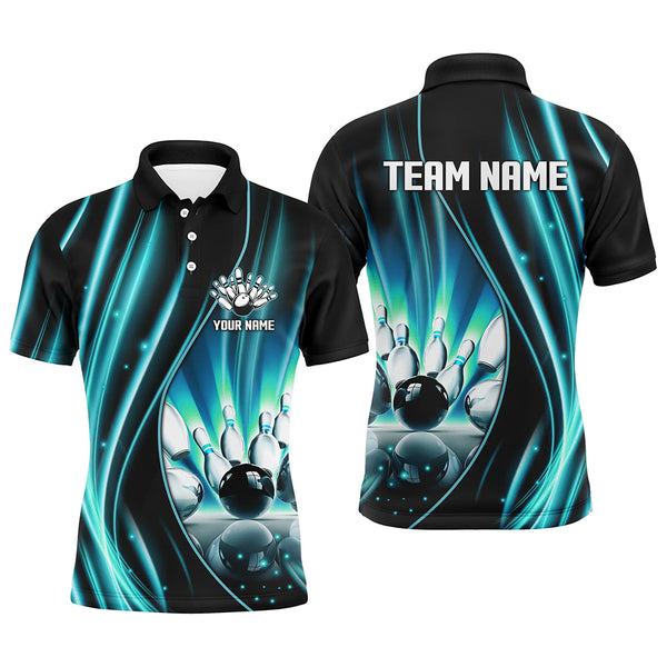 Cyan Blue and Black Light Men Polo, Quarter Zip Shirts Custom bowling team jerseys, gift for bowlers NQS9037