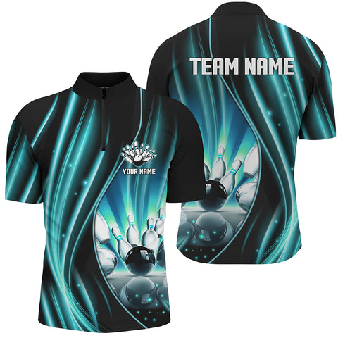 Cyan Blue and Black Light Men Polo, Quarter Zip Shirts Custom bowling team jerseys, gift for bowlers NQS9037