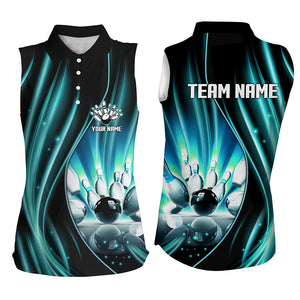 Cyan Blue and Black Light Women Sleeveless Polo Shirts Custom bowling team jerseys, gift for bowlers NQS9037