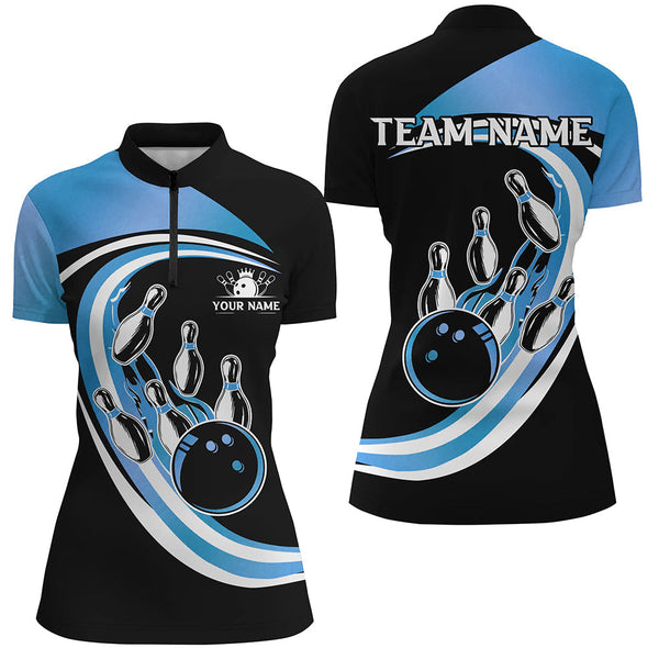Black & Blue Bowling Polo, 1/4 Zip Shirts For Women Custom Bowling Team League Jersey, Gift For Bowler NQS9042
