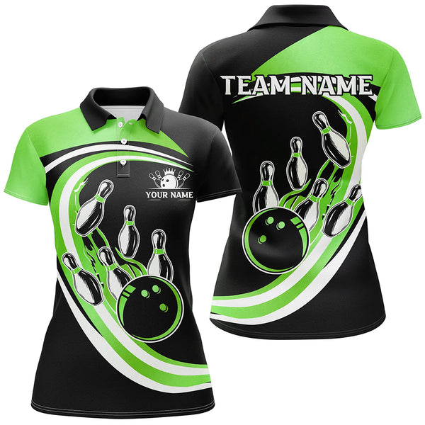 Black & Green Bowling Polo, 1/4 Zip Shirt For Women Custom Bowling Team League Jersey, Gift For Bowler NQS9043