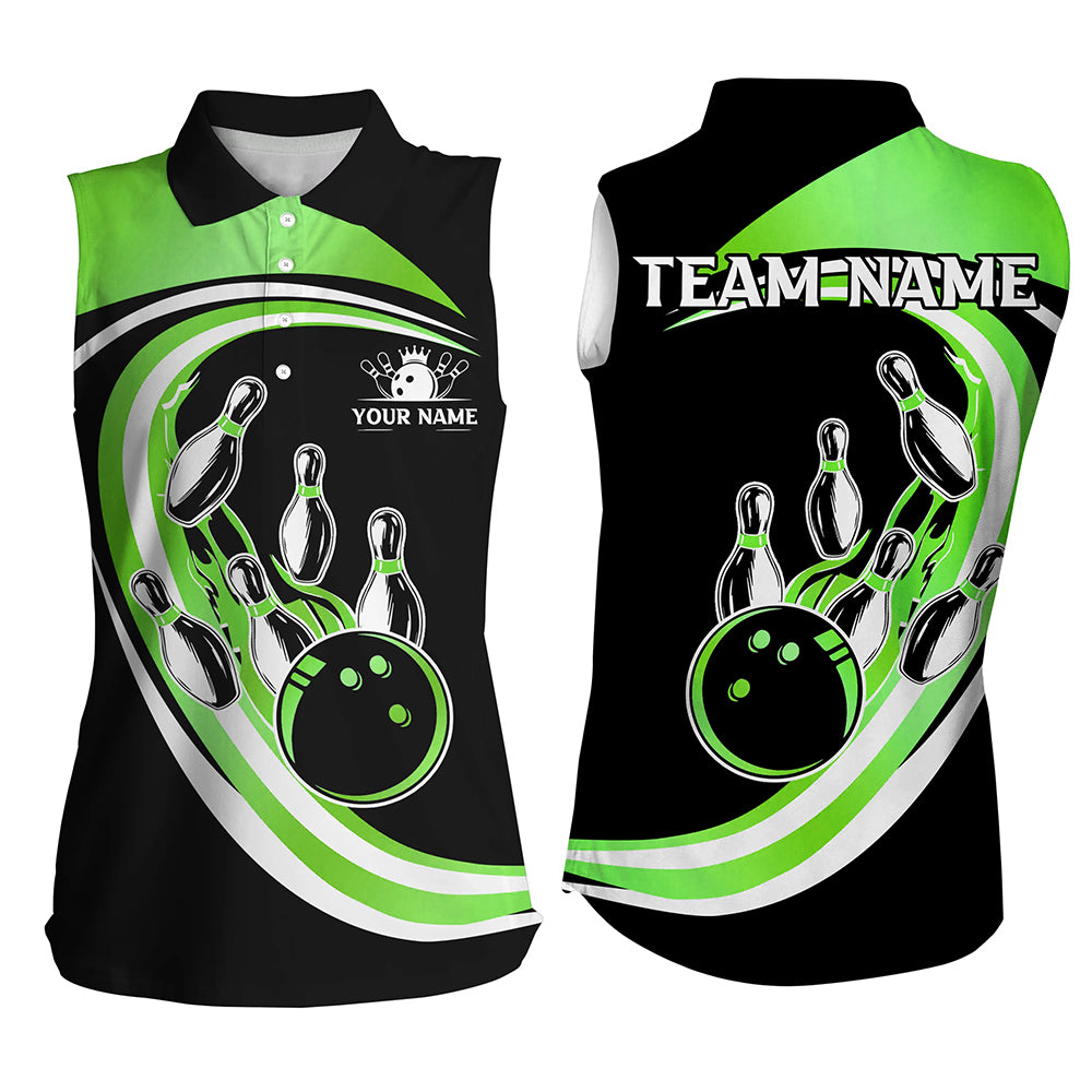 Black and Green Bowling Sleeveless Polo Shirt Custom Bowling Team League Jersey, Gift For Bowlers NQS9043