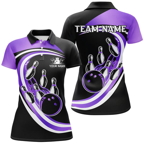 Black & Purple Bowling Polo, 1/4 Zip Shirt For Women Custom Bowling Team League Jersey,Gift For Bowler NQS9044