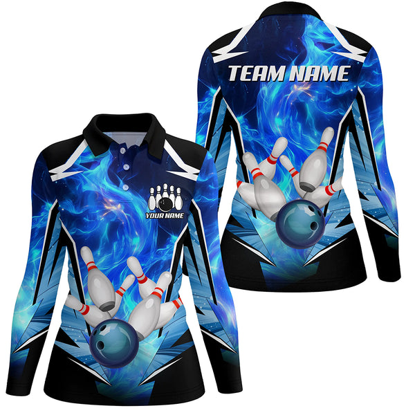 Blue Flame Bowling Ball and Pins Bowling Polo, Quarter Zip Shirts for Women Custom Bowling Team jersey NQS9283