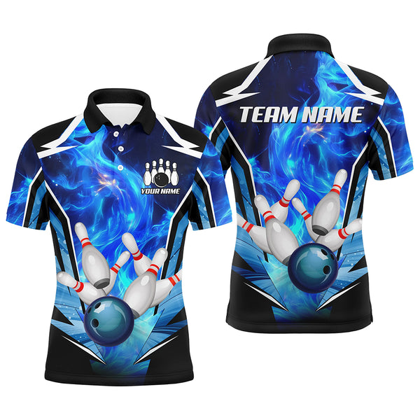 Blue Flame Bowling Ball and Pins Bowling Polo, Quarter Zip Shirts for Men Custom Bowling Team jersey NQS9283