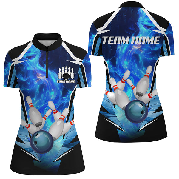 Blue Flame Bowling Ball and Pins Bowling Polo, Quarter Zip Shirts for Women Custom Bowling Team jersey NQS9283