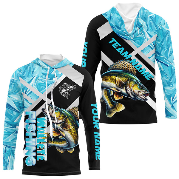 Personalized Blue Ice camo Walleye Ice Fishing Shirts Custom Team Walleye Long Sleeve Fishing Jersey NQS9286