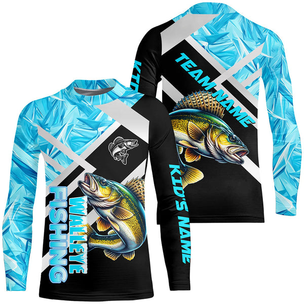 Personalized Blue Ice camo Walleye Ice Fishing Shirts Custom Team Walleye Long Sleeve Fishing Jersey NQS9286