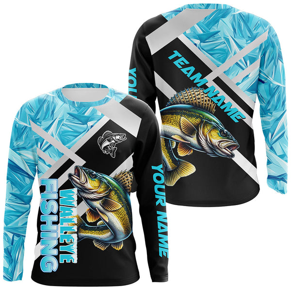 Personalized Blue Ice camo Walleye Ice Fishing Shirts Custom Team Walleye Long Sleeve Fishing Jersey NQS9286