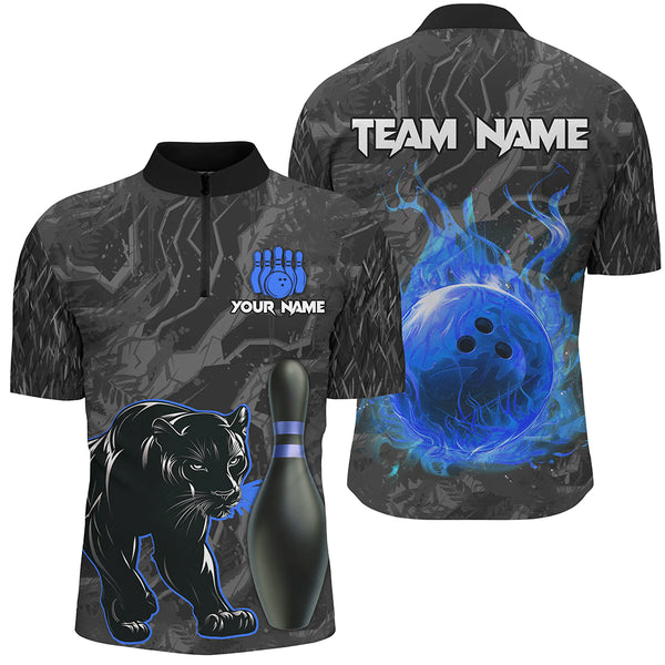 Black Camo Panther Blue Flame Bowling Polo, 1/4 Zip Shirts For Men Custom Bowling Team League Jersey NQS9443
