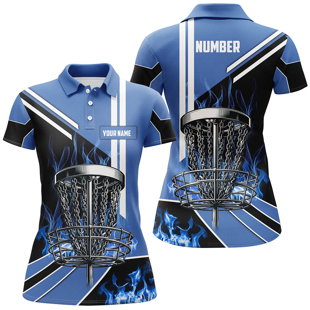 Women disc golf polo shirts custom blue flame disc golf basket disc golf outfit, disc golf apparel NQS7358