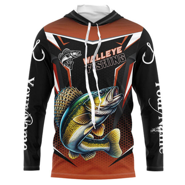 Black and Orange Walleye Long Sleeve Fishing Shirt, Personalized Walleye Fishing Tounament Jersey NQS9772