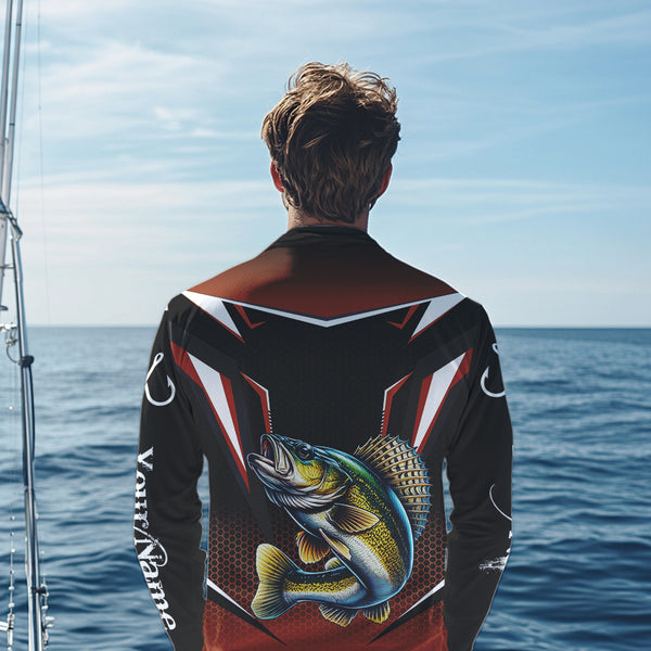 Black and Orange Walleye Long Sleeve Fishing Shirt, Personalized Walleye Fishing Tounament Jersey NQS9772