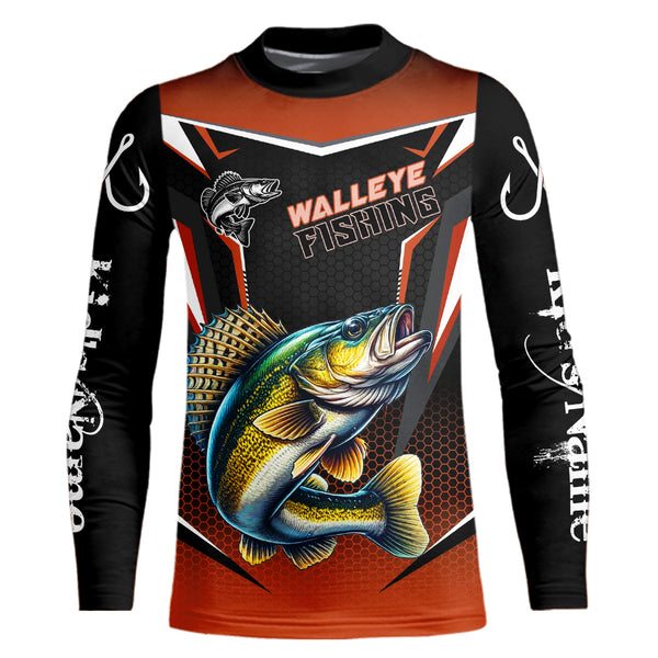 Black and Orange Walleye Long Sleeve Fishing Shirt, Personalized Walleye Fishing Tounament Jersey NQS9772