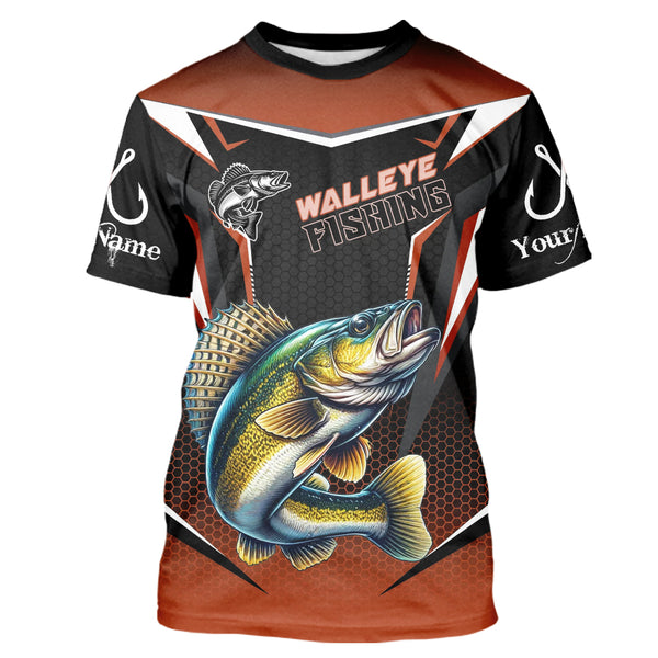 Black and Orange Walleye Long Sleeve Fishing Shirt, Personalized Walleye Fishing Tounament Jersey NQS9772