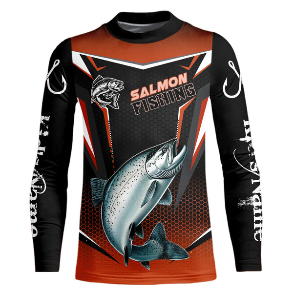 Black & Orange Chinook Salmon Long Sleeve Fishing Shirt, Personalized Salmon Fishing Tounament Jersey NQS9773