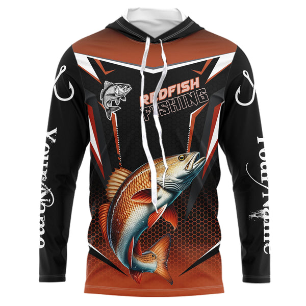 Black and Orange Redfish Long Sleeve Fishing Shirt, Personalized Red Drum Fishing Tounament Jersey NQS9774