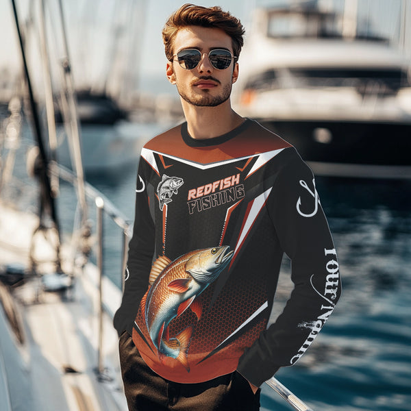 Black and Orange Redfish Long Sleeve Fishing Shirt, Personalized Red Drum Fishing Tounament Jersey NQS9774