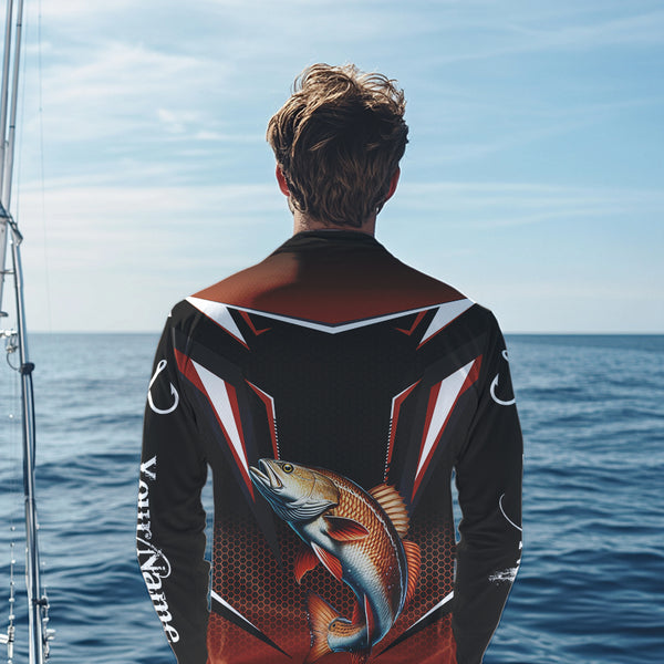 Black and Orange Redfish Long Sleeve Fishing Shirt, Personalized Red Drum Fishing Tounament Jersey NQS9774