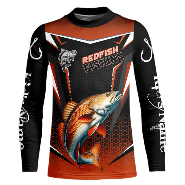 Black and Orange Redfish Long Sleeve Fishing Shirt, Personalized Red Drum Fishing Tounament Jersey NQS9774