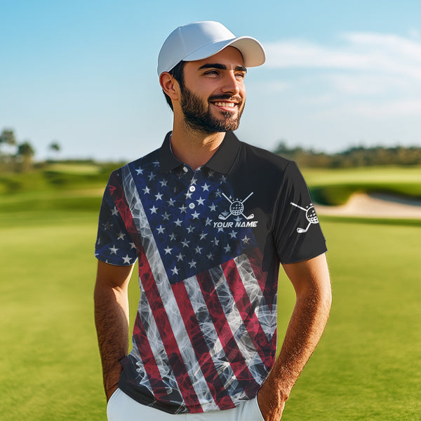 Smoke American Flag Black Golf Polo shirt for men Custom patriotic Team golf uniform jersey NQS9780