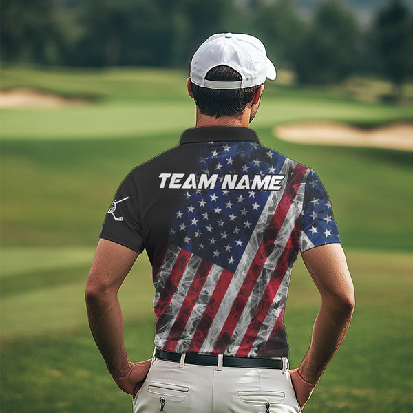 Smoke American Flag Black Golf Polo shirt for men Custom patriotic Team golf uniform jersey NQS9780