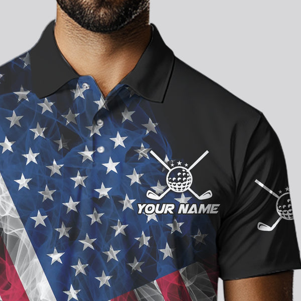 Smoke American Flag Black Golf Polo shirt for men Custom patriotic Team golf uniform jersey NQS9780
