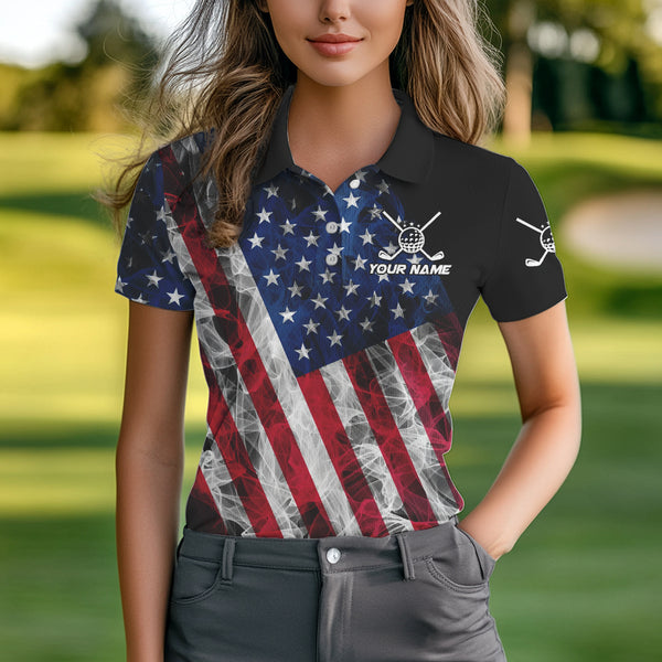 Smoke American Flag Black Golf Polo shirt for Women Custom patriotic Team golf uniform jersey NQS9780