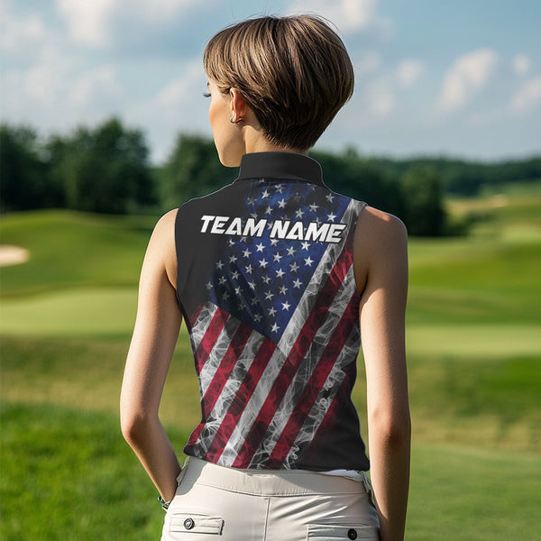 Smoke American Flag Black Women Sleeveless Golf Polo shirt Custom patriotic Team golf uniform jersey NQS9780
