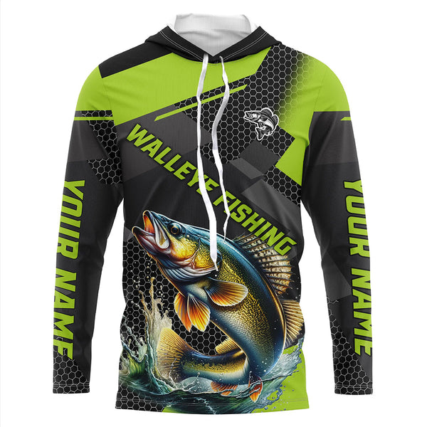 Personalized Walleye Fishing Jerseys, Walleye Long Sleeve Fishing Tournament Shirts | Green NQS7542