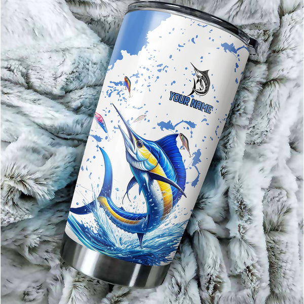 1PC Personalized Blue and white Marlin Fishing Custom Name Marlin Fishing Tumbler Cup, Fishing gifts NQS9906
