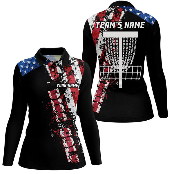 American flag patriotic Womens disc golf polo shirt custom team disc golf basket shirts | Black NQS5569